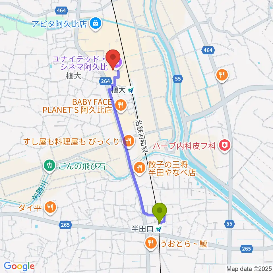 半田口駅からユナイテッド・シネマ阿久比へのルートマップ地図
