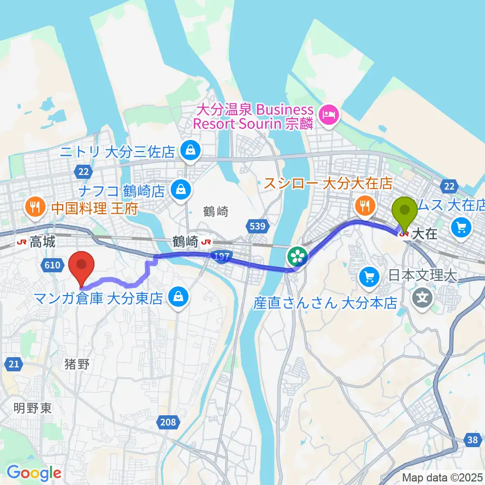 大在駅から261サヴォイスタジオへのルートマップ地図