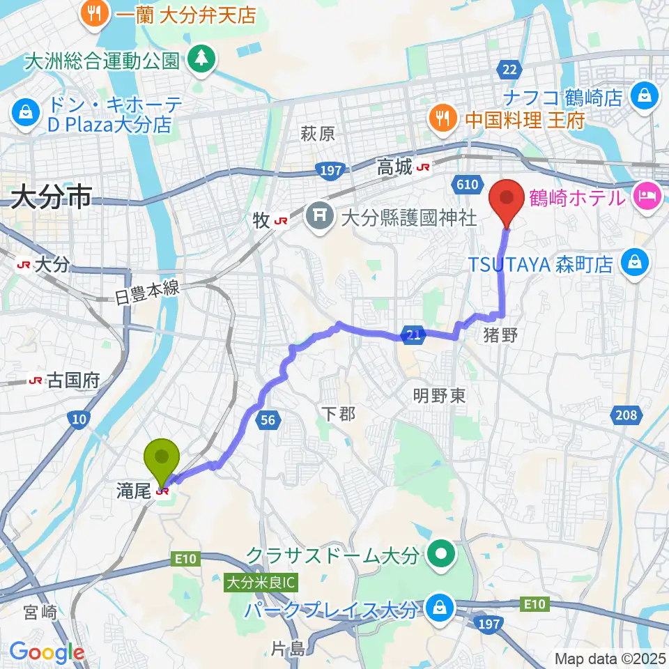 滝尾駅から261サヴォイスタジオへのルートマップ地図