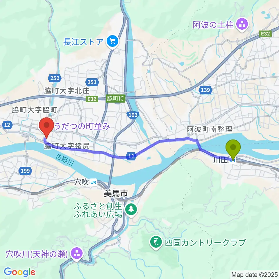 川田駅から美馬市地域交流センター ミライズへのルートマップ地図
