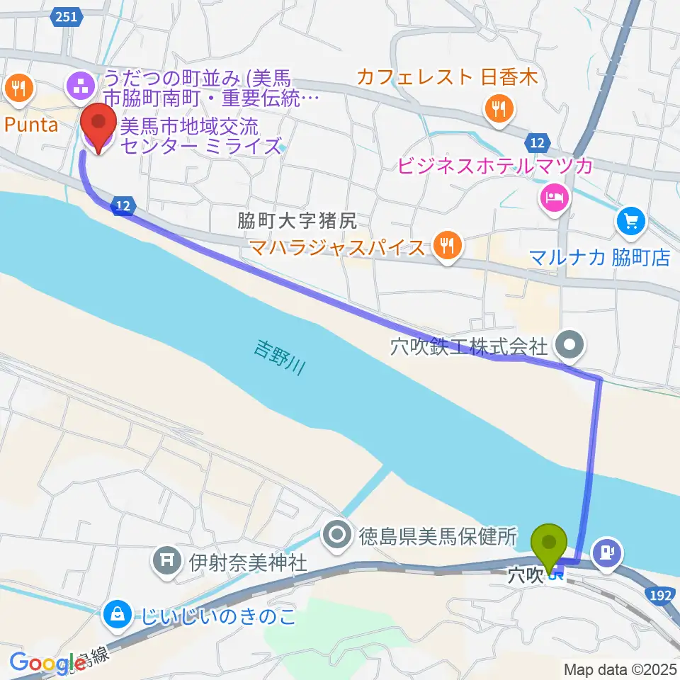 美馬市地域交流センター ミライズの最寄駅穴吹駅からの徒歩ルート（約29分）地図