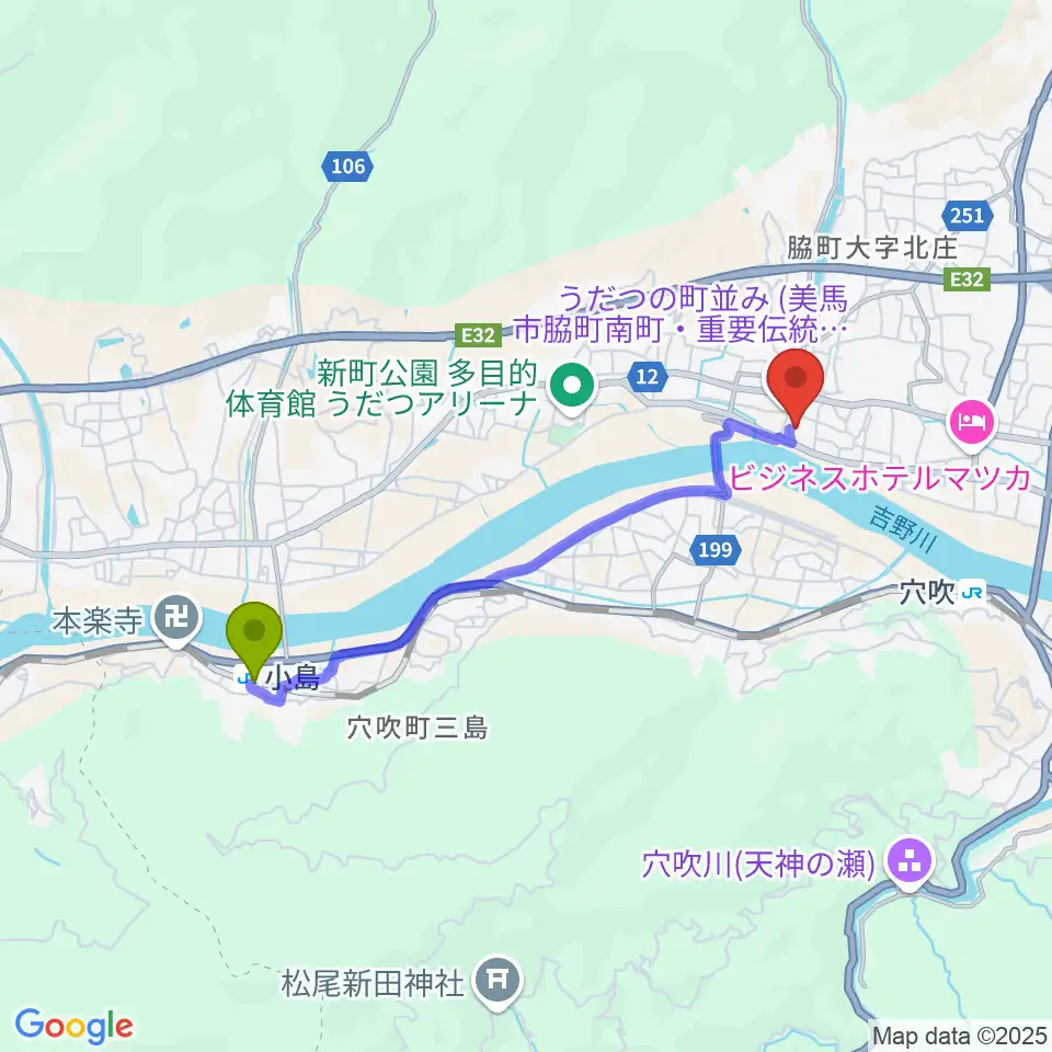 小島駅から美馬市地域交流センター ミライズへのルートマップ地図