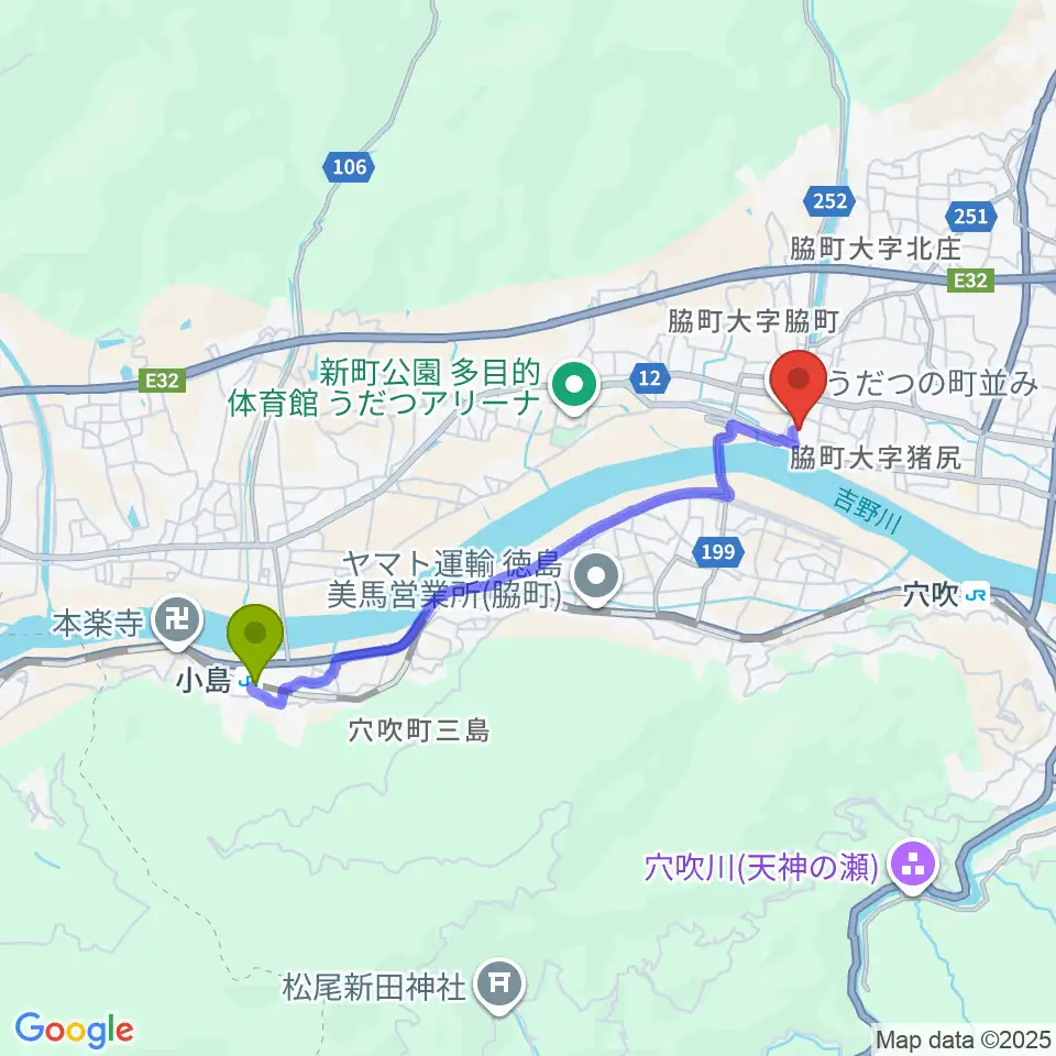 小島駅から美馬市地域交流センター ミライズへのルートマップ地図