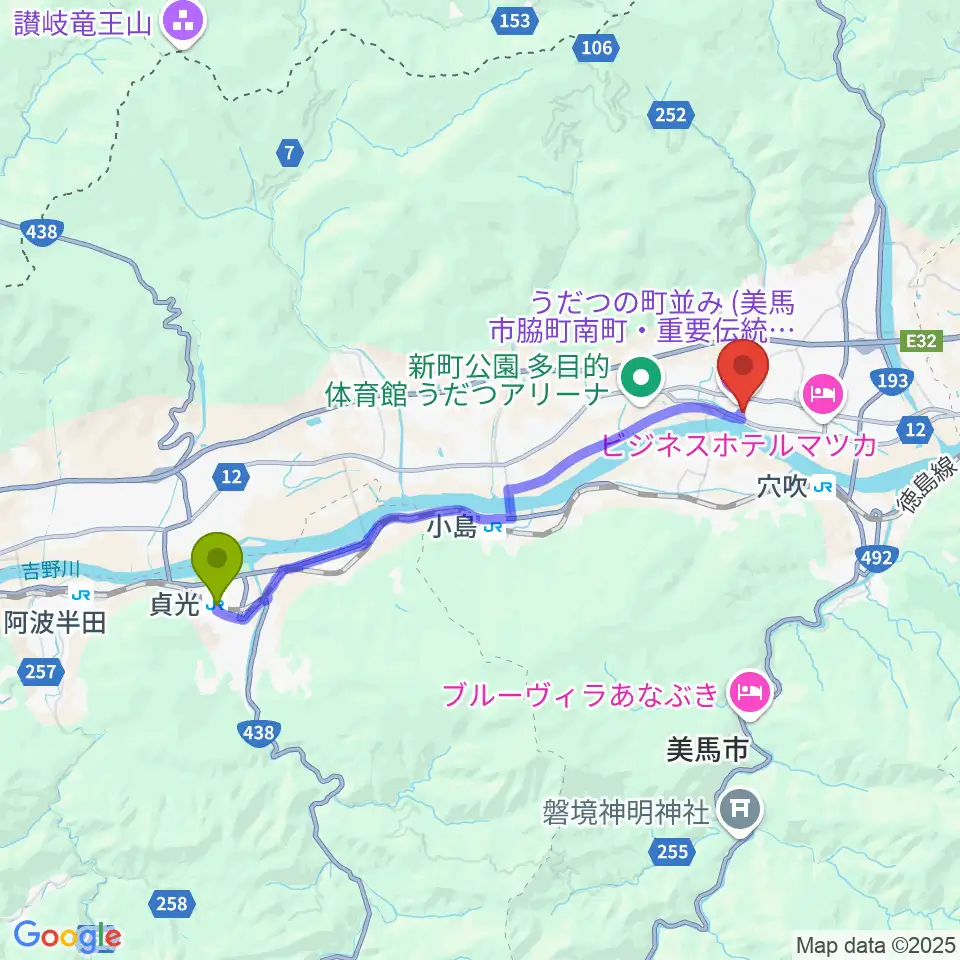 貞光駅から美馬市地域交流センター ミライズへのルートマップ地図