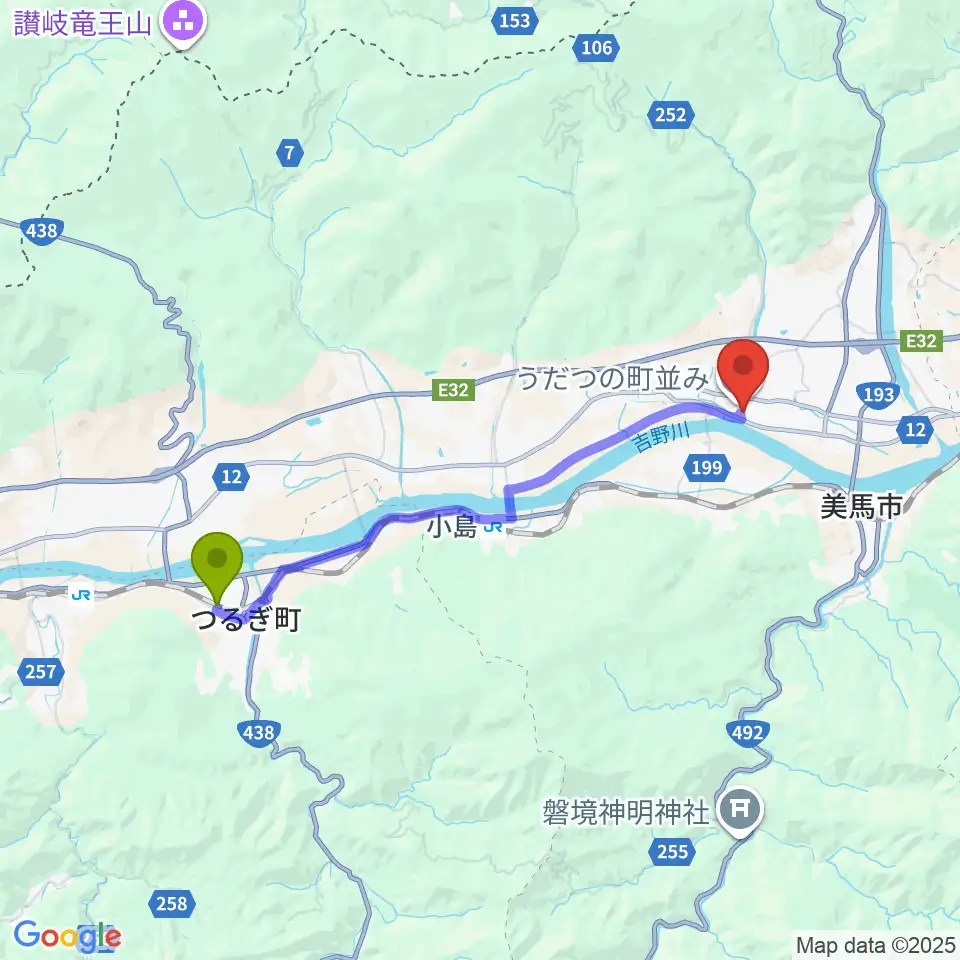 貞光駅から美馬市地域交流センター ミライズへのルートマップ地図
