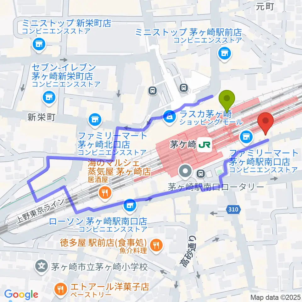 春秋会館の最寄駅茅ケ崎駅からの徒歩ルート（約1分）地図