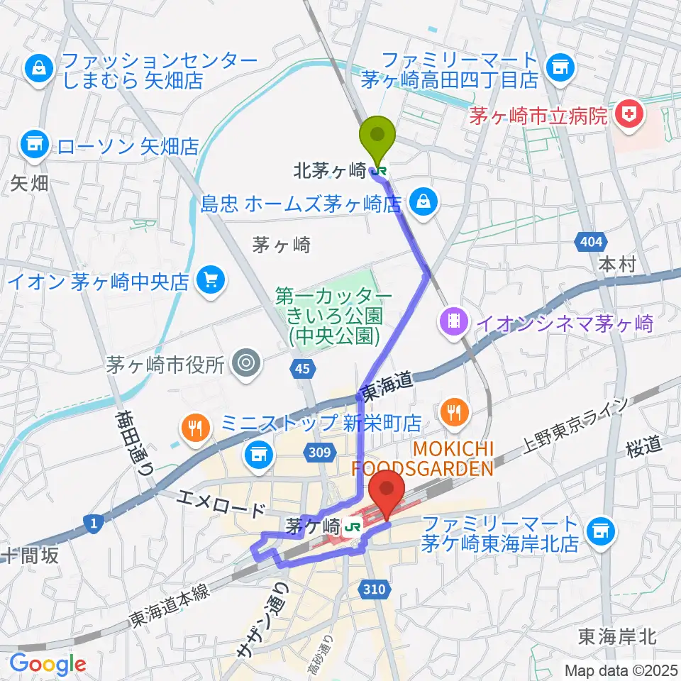 北茅ケ崎駅から春秋会館へのルートマップ地図