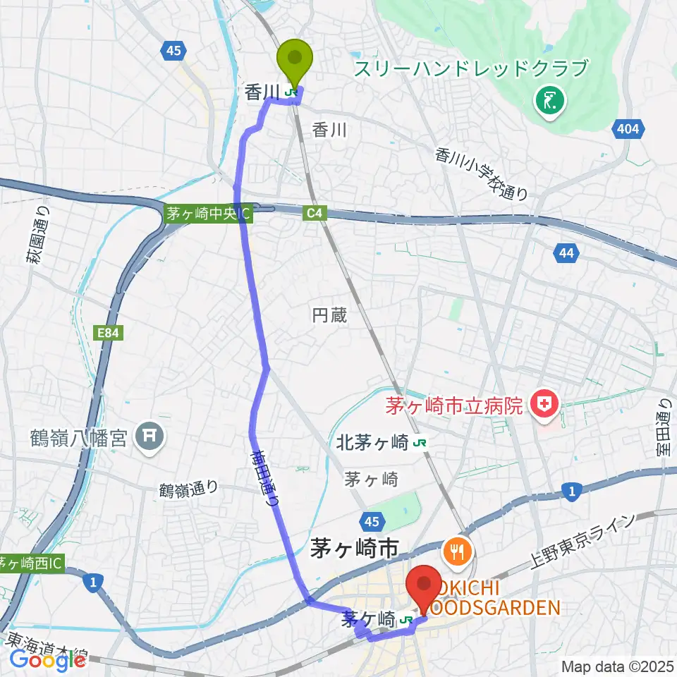 香川駅から春秋会館へのルートマップ地図