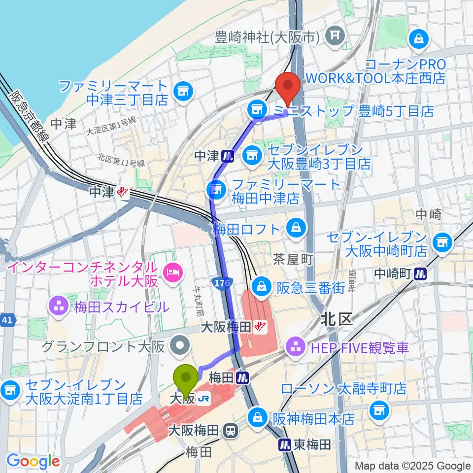 大阪駅からハーモニーホールへのルートマップ地図