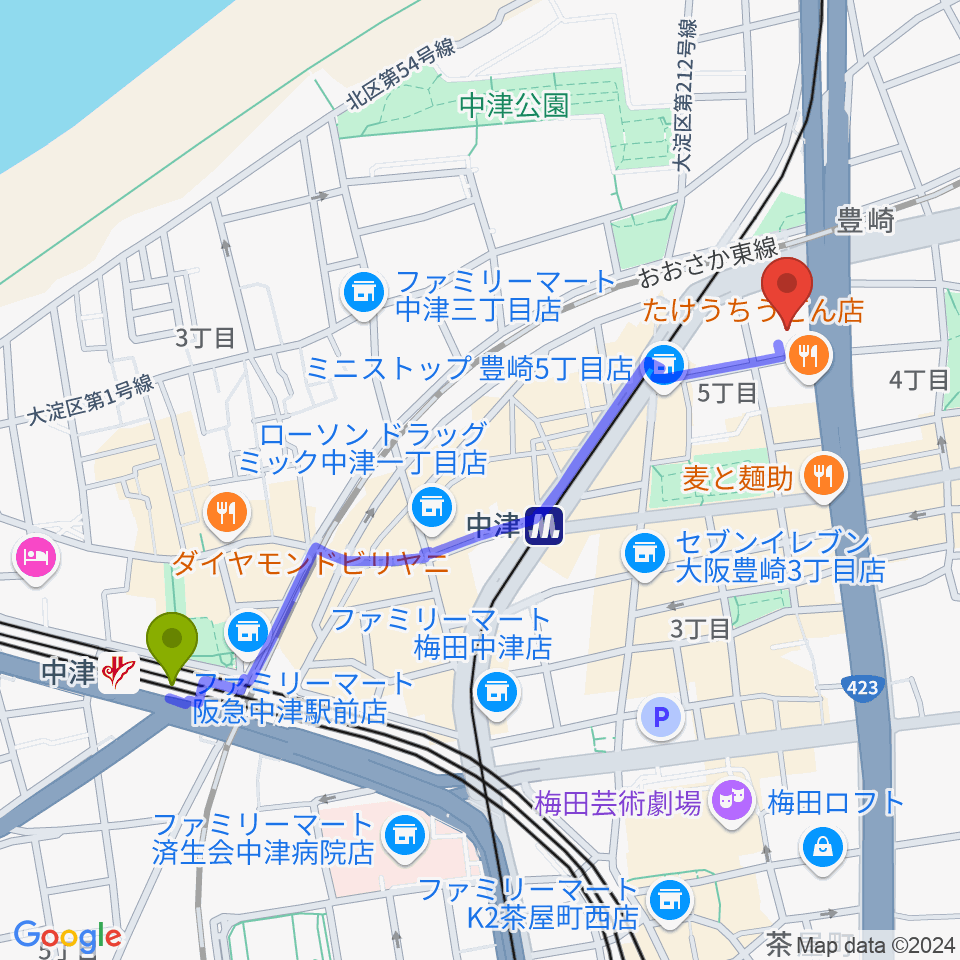 中津駅からハーモニーホールへのルートマップ地図