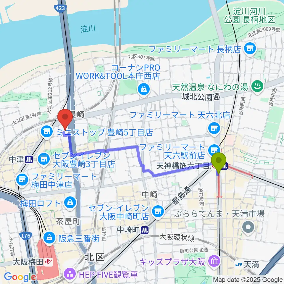 天神橋筋六丁目駅からハーモニーホールへのルートマップ地図