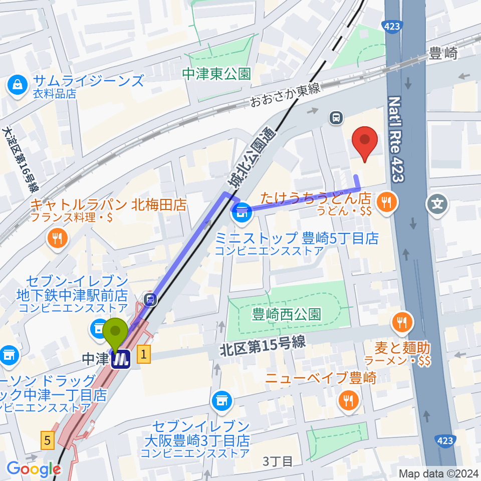 ハーモニーホールの最寄駅中津駅からの徒歩ルート（約5分）地図