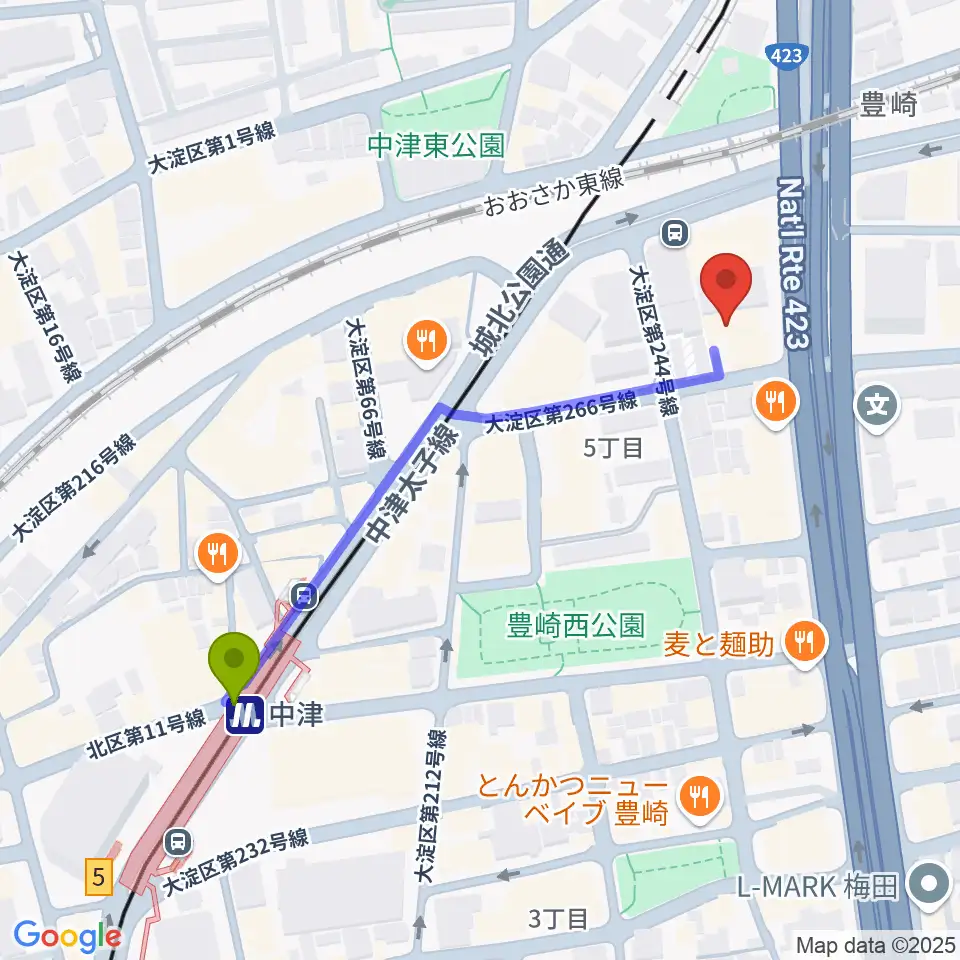 ハーモニーホールの最寄駅中津駅からの徒歩ルート（約5分）地図