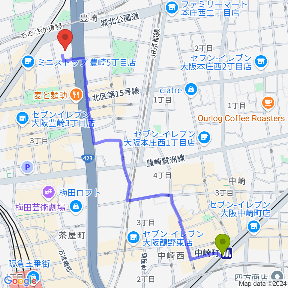 中崎町駅からハーモニーホールへのルートマップ地図