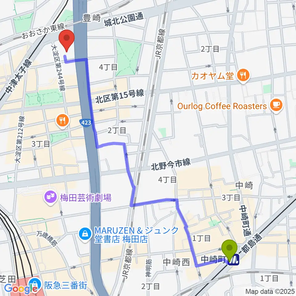 中崎町駅からハーモニーホールへのルートマップ地図