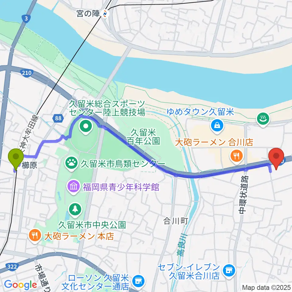 櫛原駅からT・ジョイ久留米へのルートマップ地図