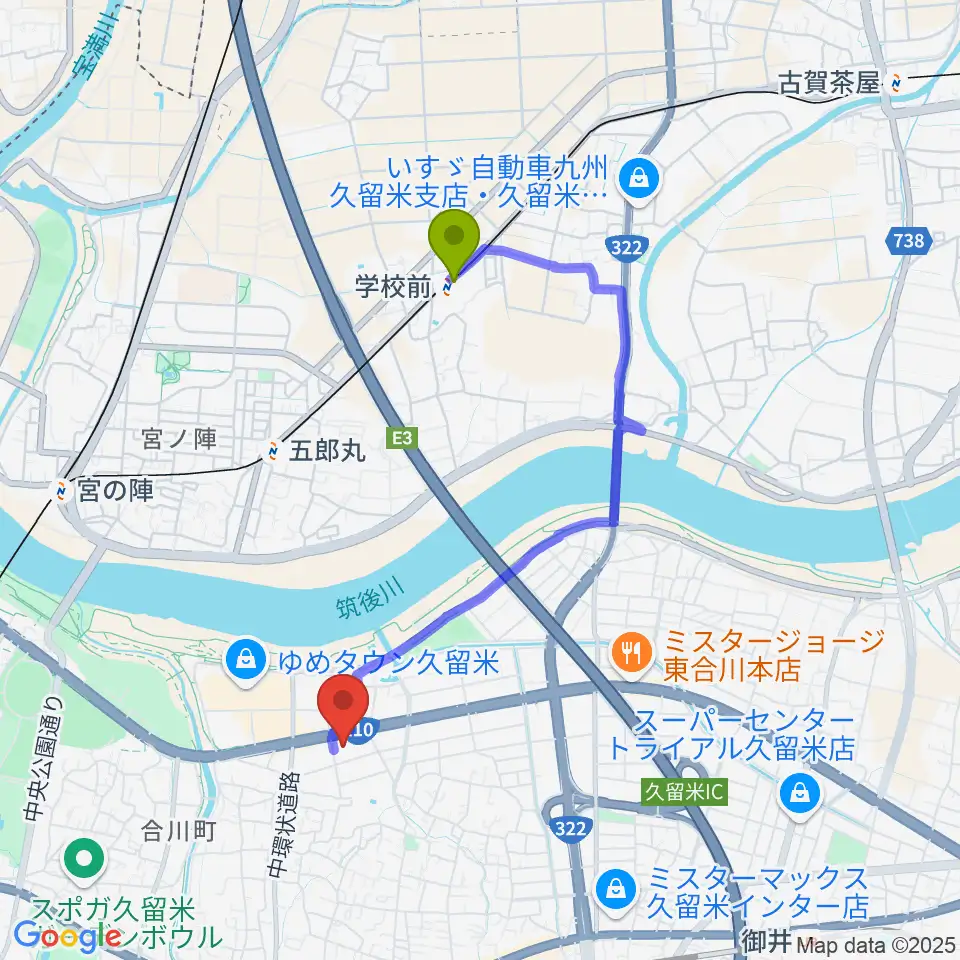 学校前駅からT・ジョイ久留米へのルートマップ地図