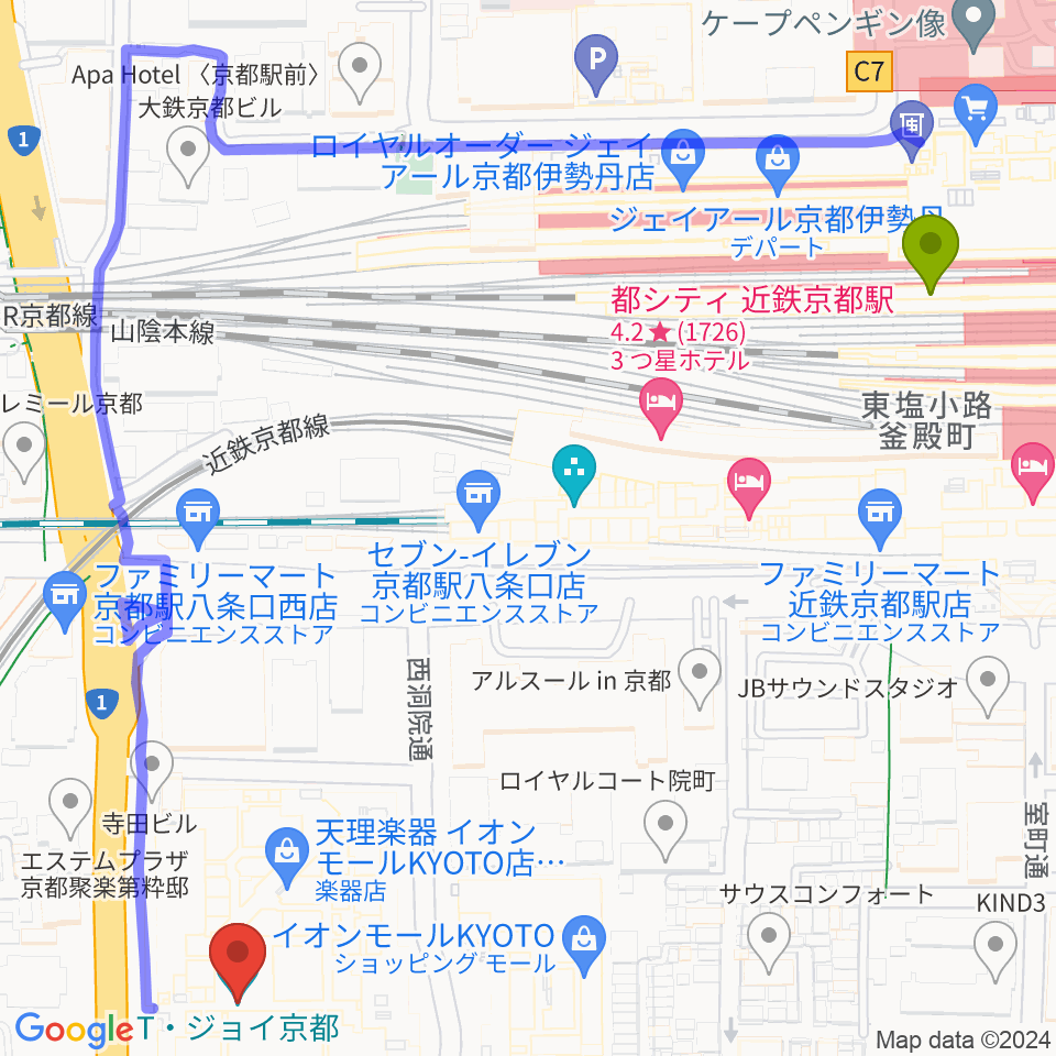 京都駅からT・ジョイ京都へのルートマップ地図