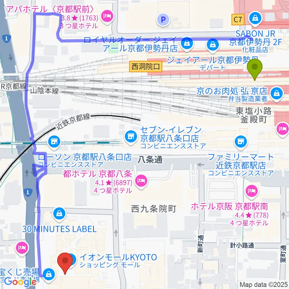 京都駅からT・ジョイ京都へのルートマップ地図