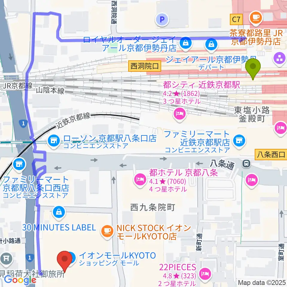 京都駅からT・ジョイ京都へのルートマップ地図