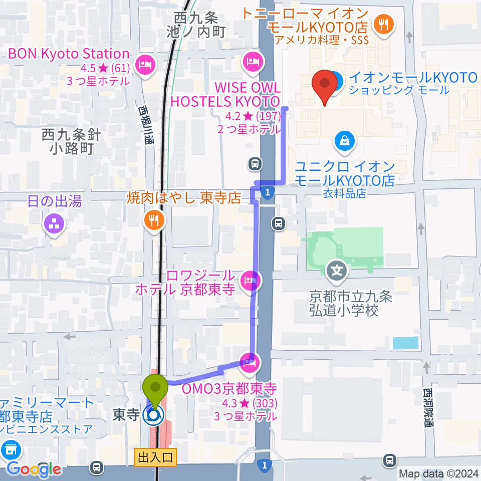 T ジョイ京都の最寄駅東寺駅からの徒歩ルート 約6分 Mdata