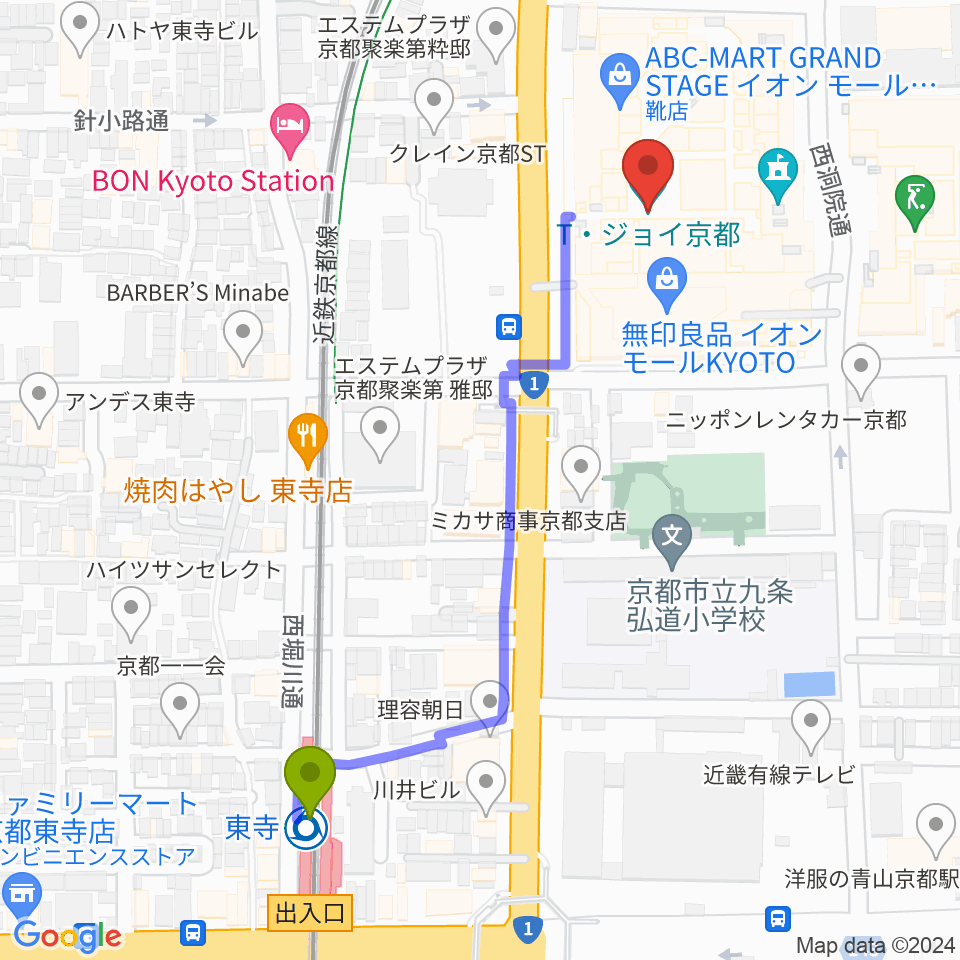 T・ジョイ京都の最寄駅東寺駅からの徒歩ルート（約6分）地図