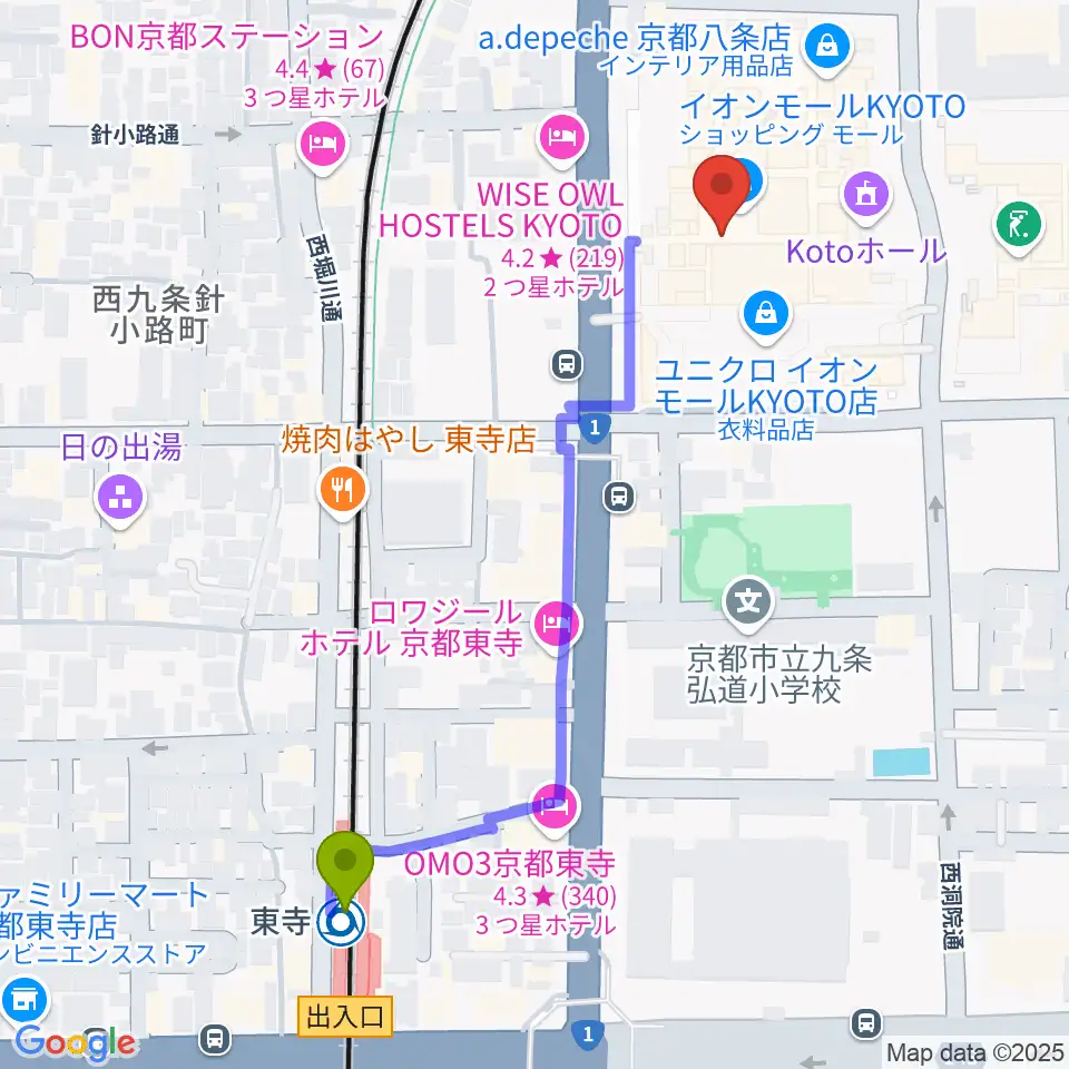 T・ジョイ京都の最寄駅東寺駅からの徒歩ルート（約6分）地図