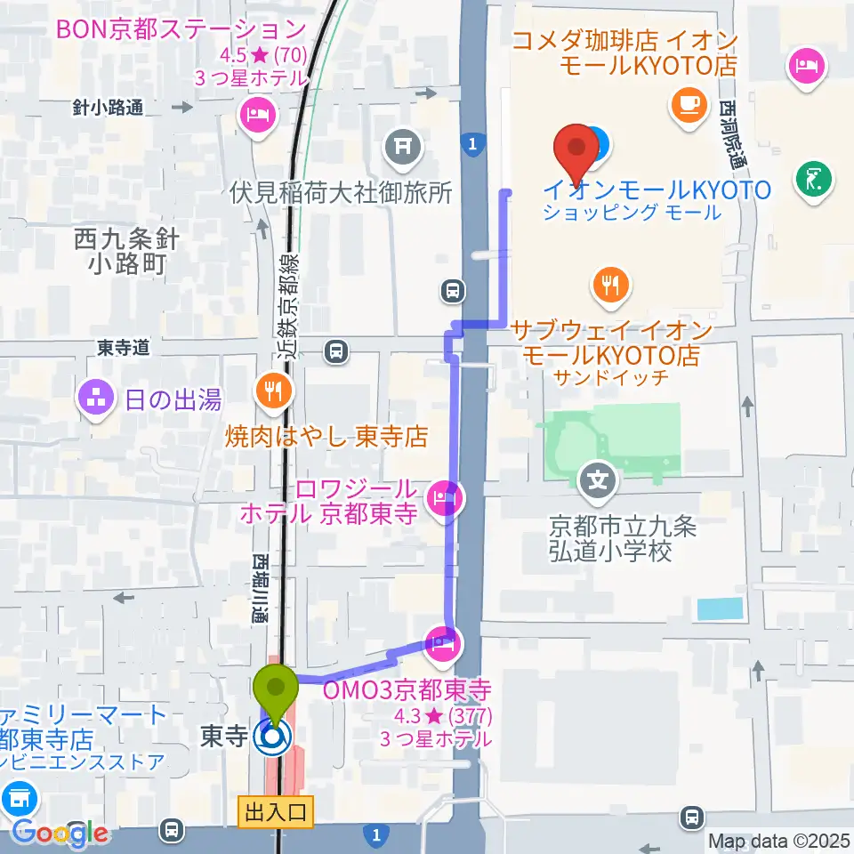 T・ジョイ京都の最寄駅東寺駅からの徒歩ルート（約6分）地図
