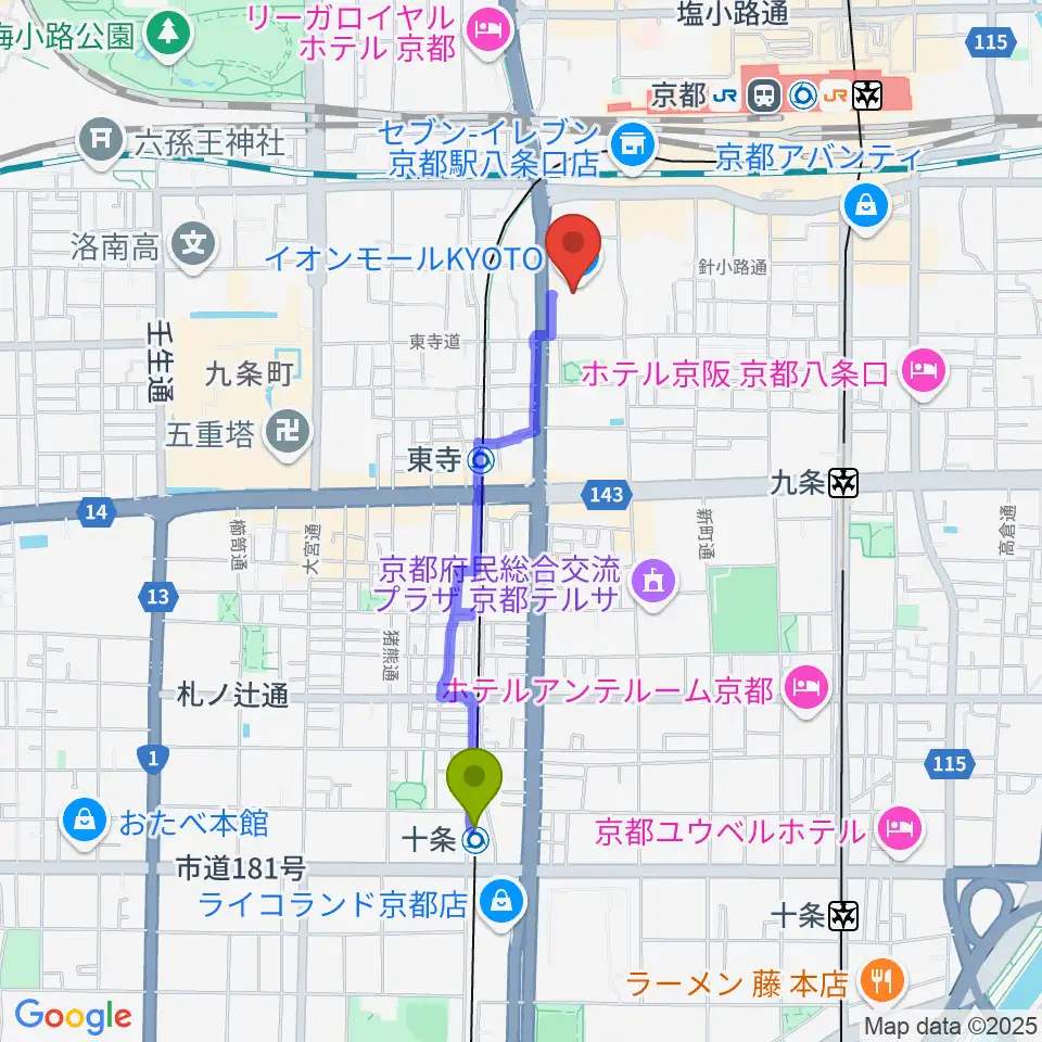 十条駅からt ジョイ京都へのルートマップ Mdata