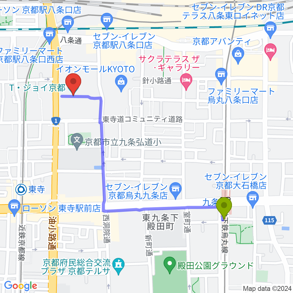 九条駅からT・ジョイ京都へのルートマップ地図