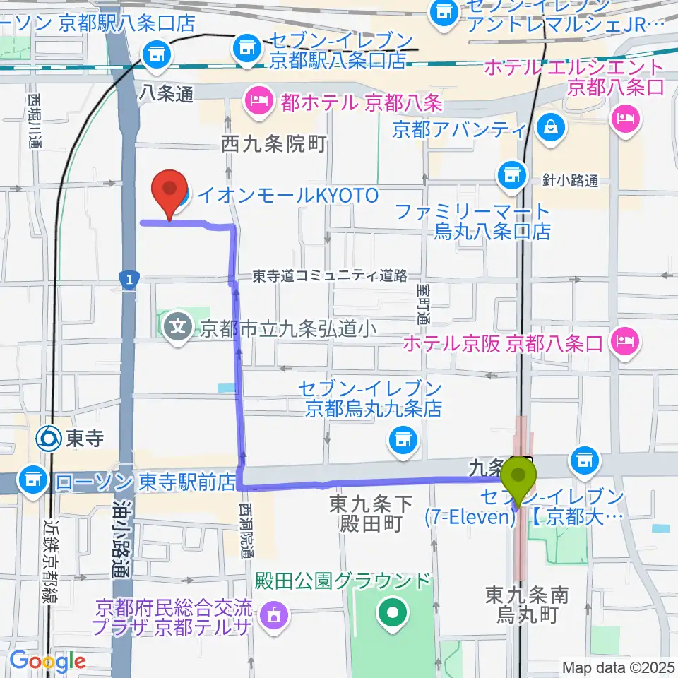 九条駅からT・ジョイ京都へのルートマップ地図