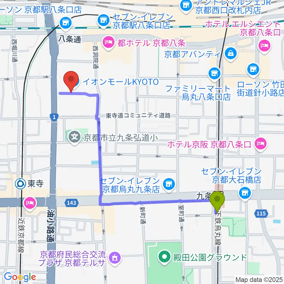 九条駅からT・ジョイ京都へのルートマップ地図