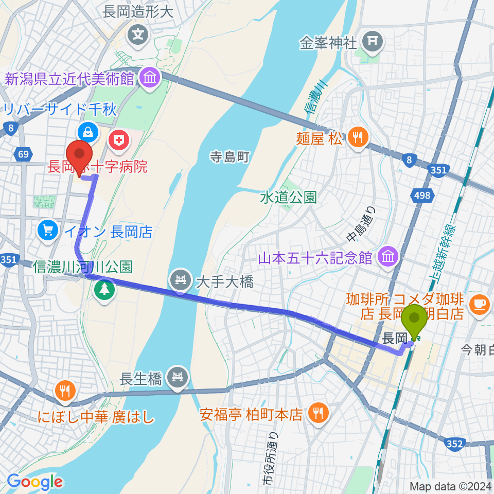 T・ジョイ長岡の最寄駅長岡駅からの徒歩ルート（約46分）地図