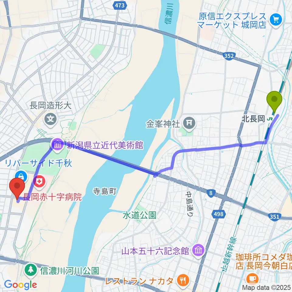 北長岡駅からT・ジョイ長岡へのルートマップ地図