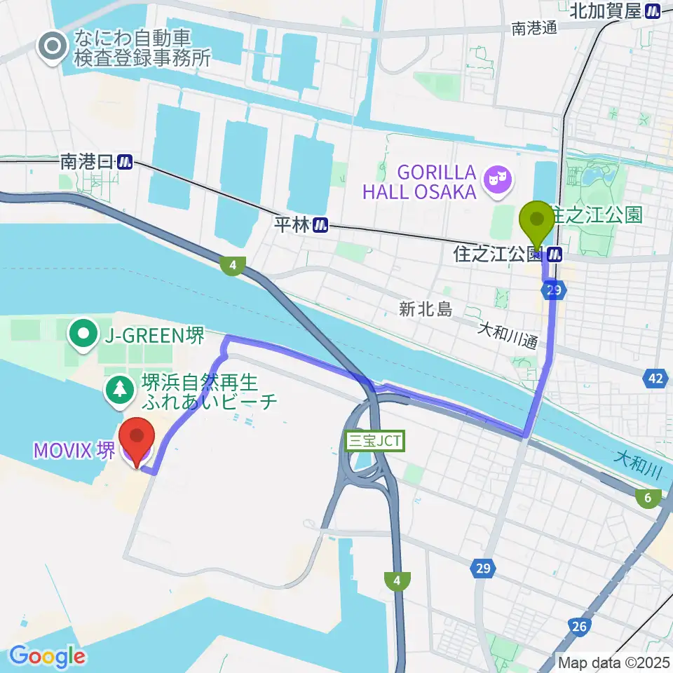 住之江公園駅からMOVIX堺へのルートマップ地図