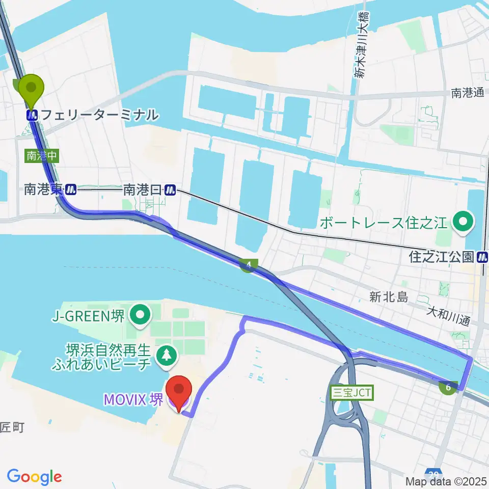 フェリーターミナル駅からMOVIX堺へのルートマップ地図