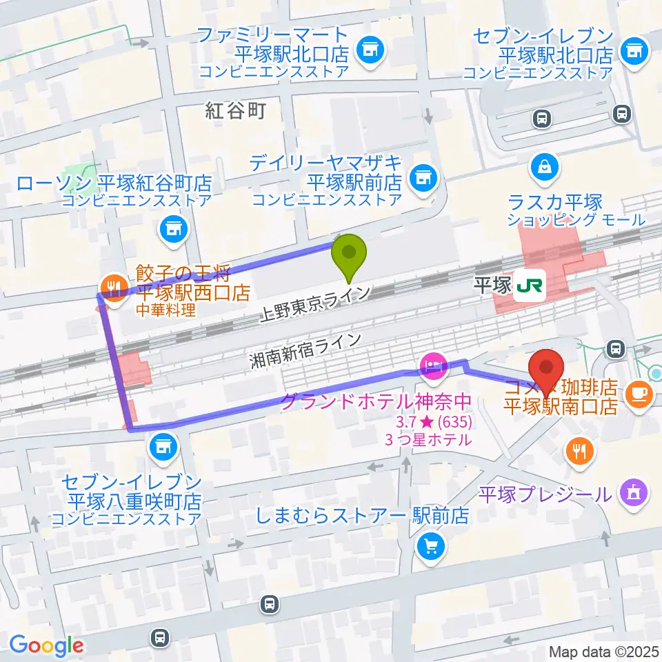 平塚Sad cafeの最寄駅平塚駅からの徒歩ルート（約3分）地図