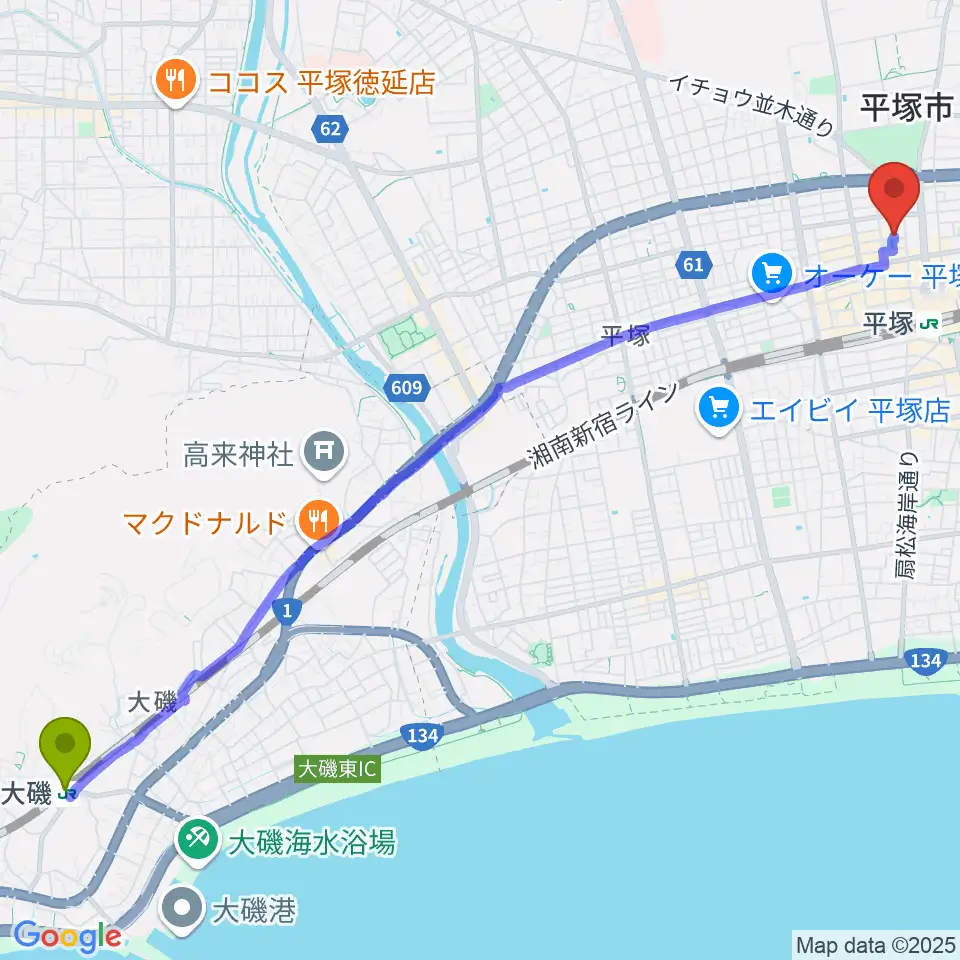 大磯駅から平塚パイプラインへのルートマップ地図