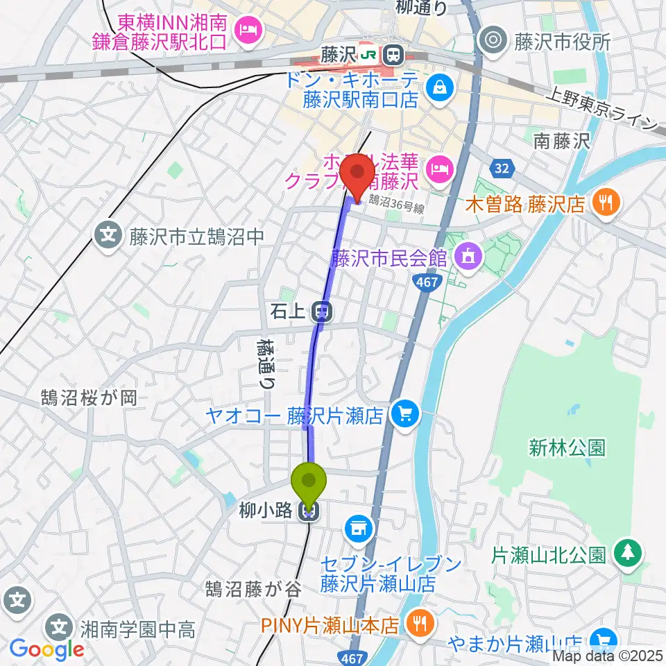 柳小路駅からsoundmarketへのルートマップ地図