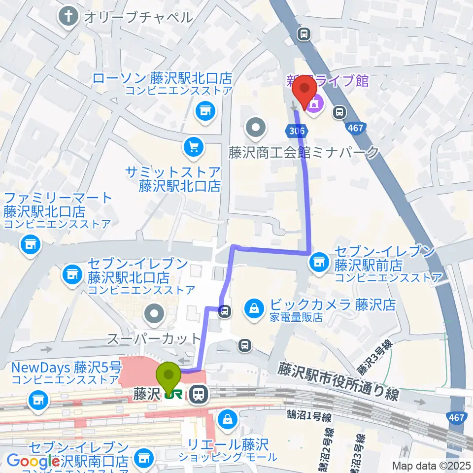 若泉楽器店の最寄駅藤沢駅からの徒歩ルート（約5分）地図