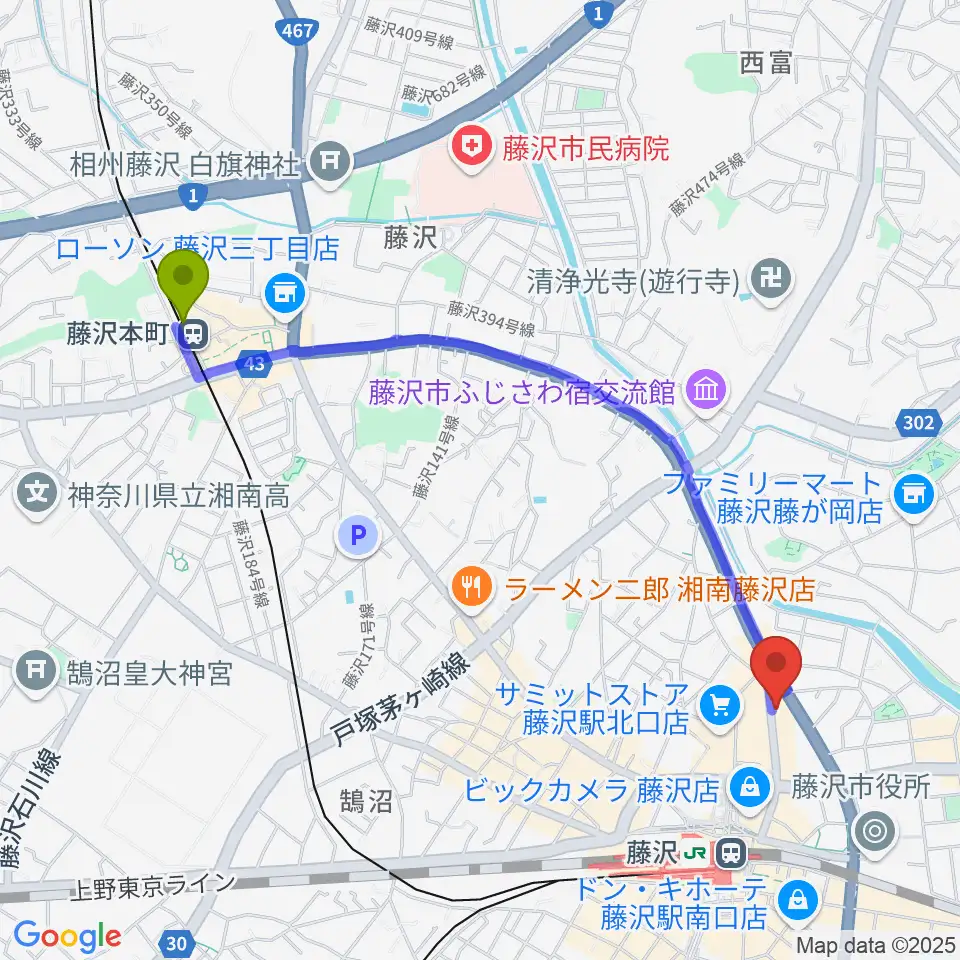 藤沢本町駅から若泉楽器店へのルートマップ地図