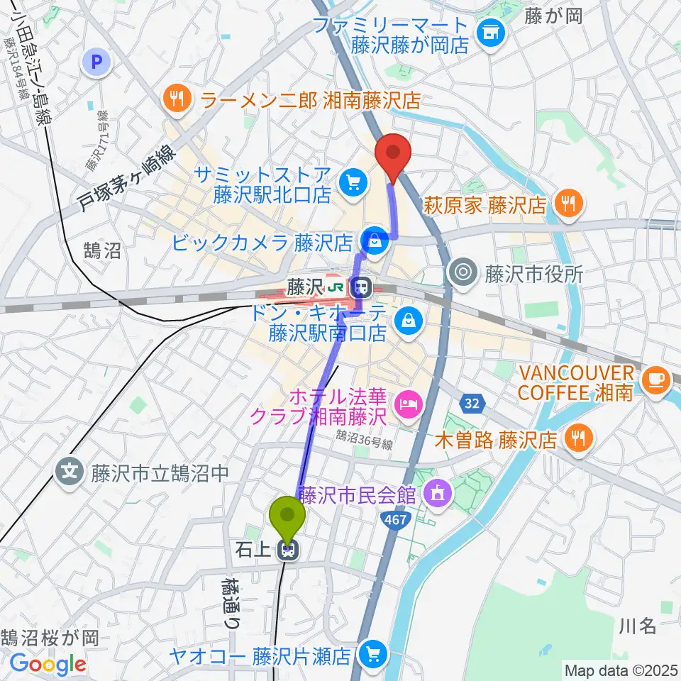 石上駅から若泉楽器店へのルートマップ地図