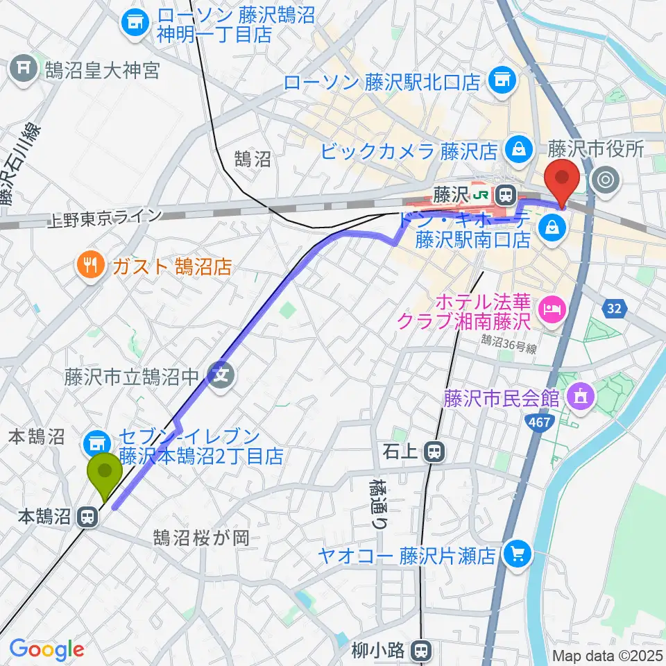 本鵠沼駅からBEAT BAR BECKへのルートマップ地図