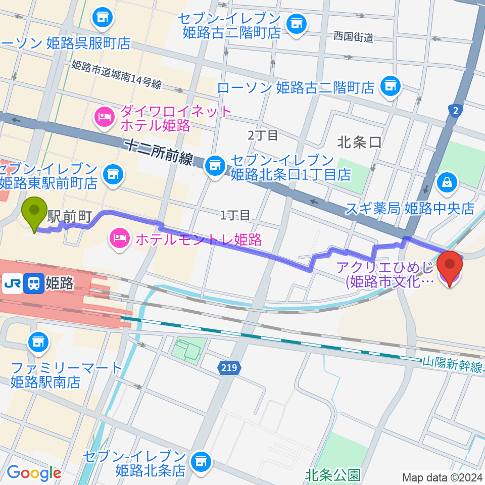 アクリエひめじの最寄駅姫路駅からの徒歩ルート（約14分）地図