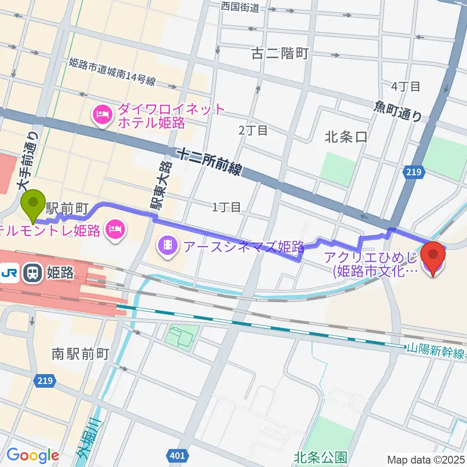 アクリエひめじの最寄駅姫路駅からの徒歩ルート（約14分）地図