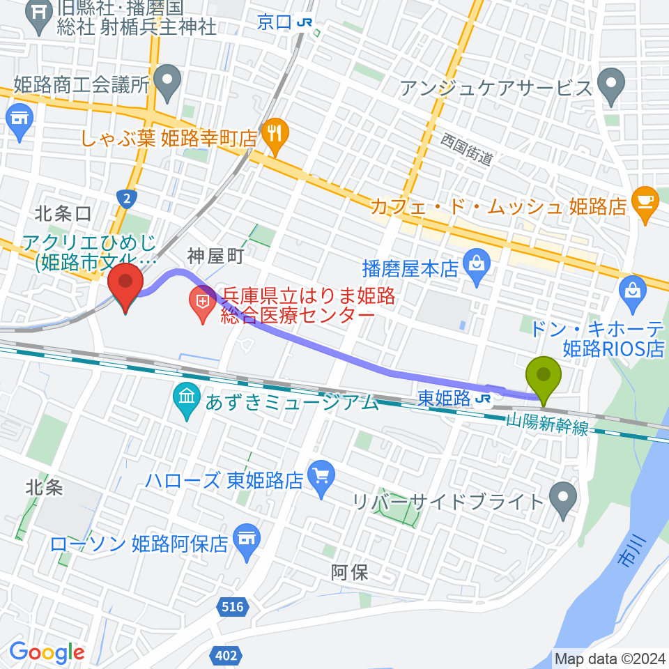 東姫路駅からアクリエひめじへのルートマップ地図
