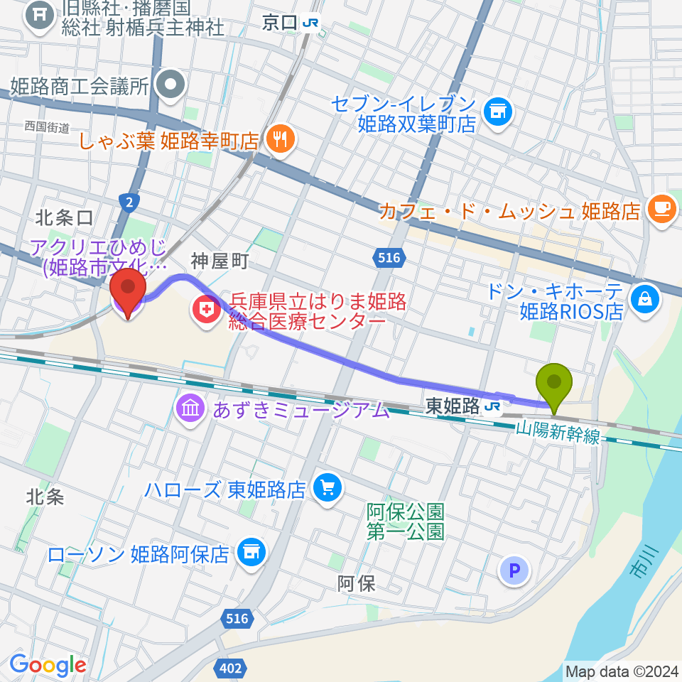 東姫路駅からアクリエひめじへのルートマップ地図