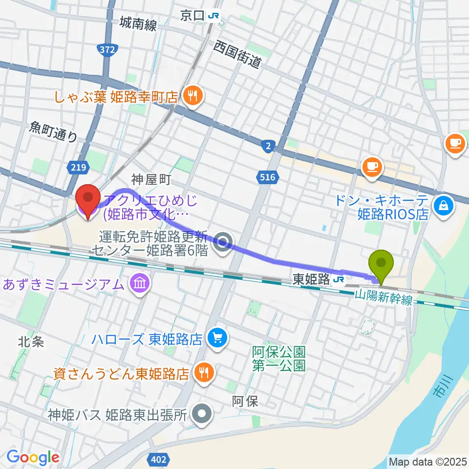 東姫路駅からアクリエひめじへのルートマップ地図