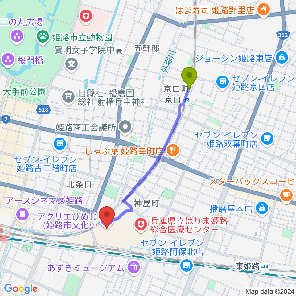 京口駅からアクリエひめじへのルートマップ地図