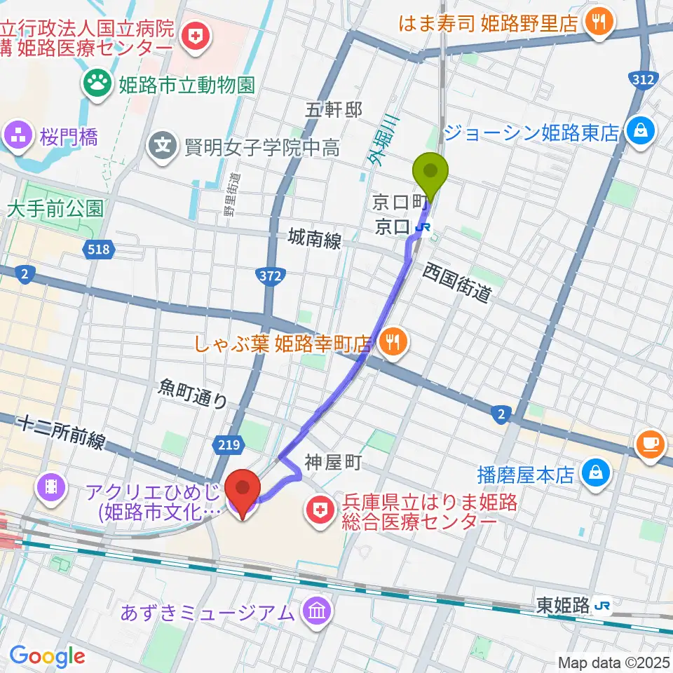 京口駅からアクリエひめじへのルートマップ地図
